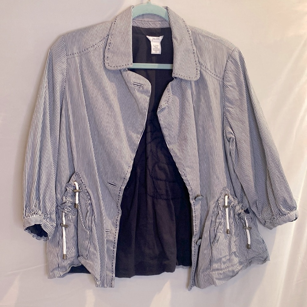 Joan Vass Nautical Navy White Stripe Jacket 1x Plus Size Cruise Blazer